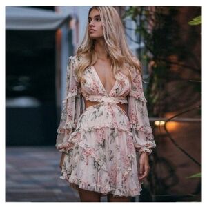 Ruffle Trim Lace-up back Floral Print Deep V-neck Waist Cutout, Size Medium